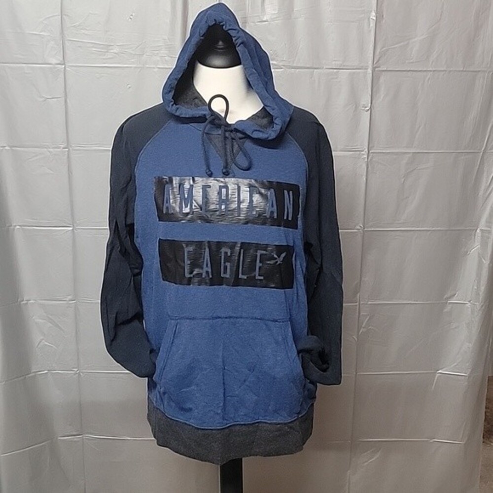 American Eagle Outfitters Sz M Blue Black T Shirt Hoodie Logo Graphic Casual
